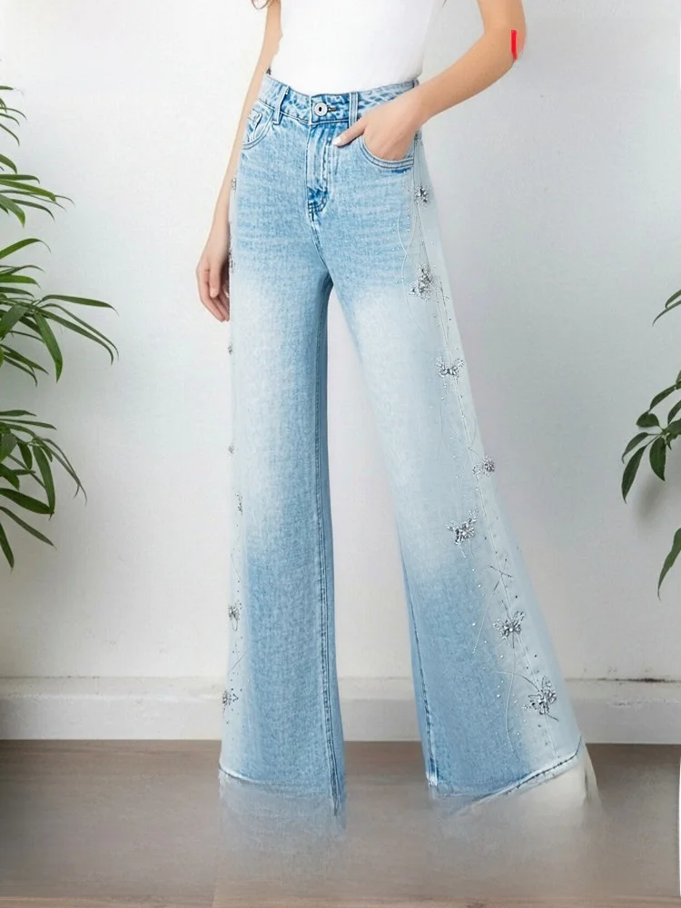 

High Waist Embroidered Light Blue Denim Jeans Women's Summer Casual Wide Leg Pants Fashionable Versatile Cotton Blend