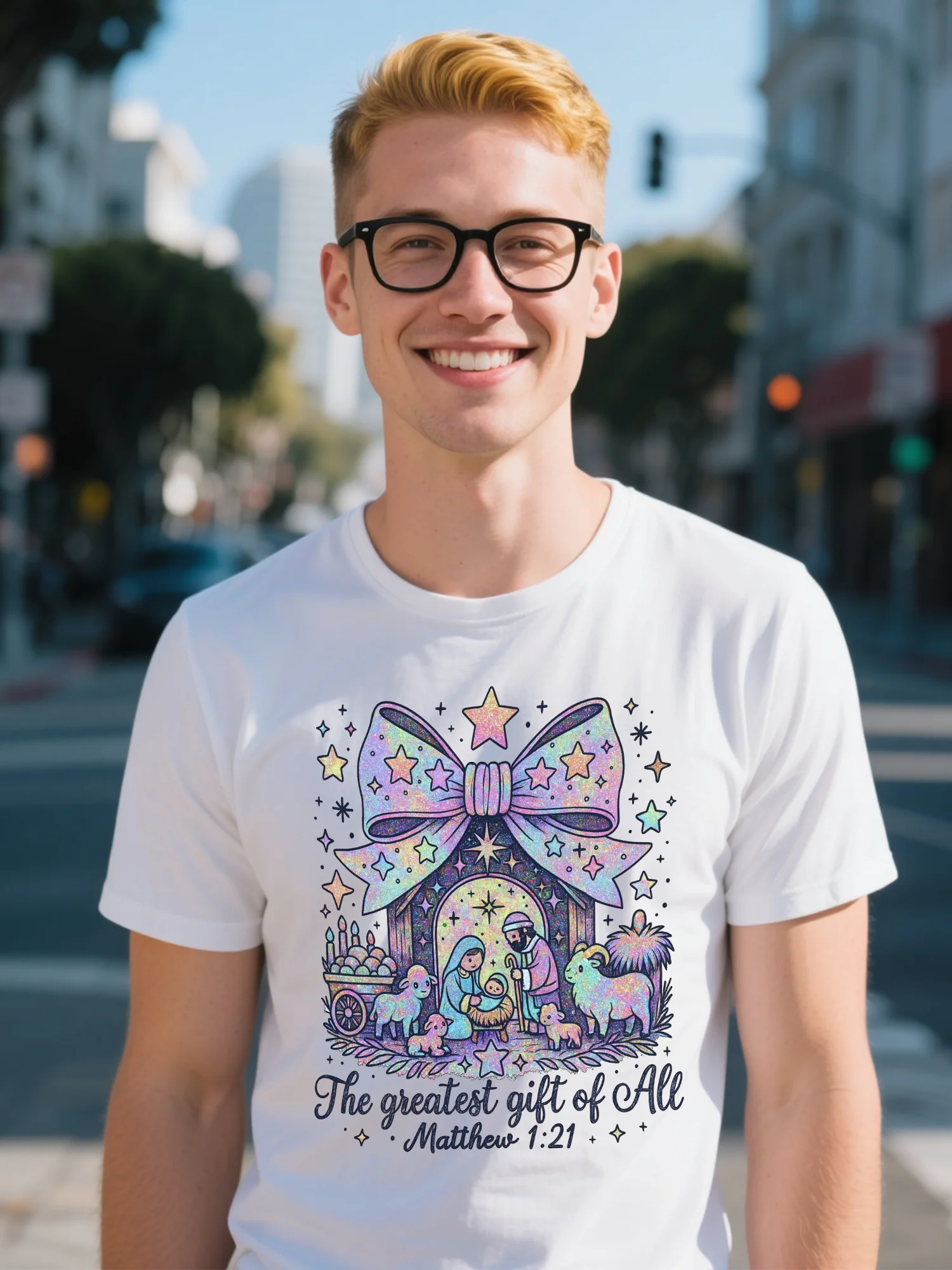 

Men's White High Street T-Shirt - Abstract Snowman Print & Candy Cane Stripes, Pre-Washed Lightweight