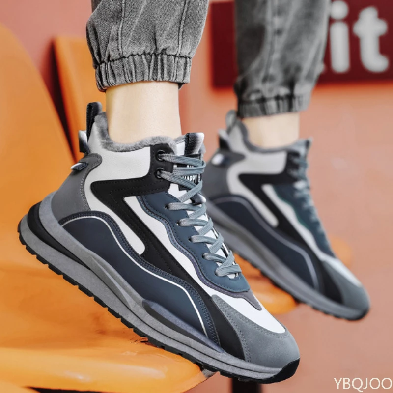 

Новые мужские высокие теплые туфли на толстой подошве с плюшевыми туфлями для папы, универсальные спортивные мужские повседневные туфли из вулканизированного хлопка с цветными блоками