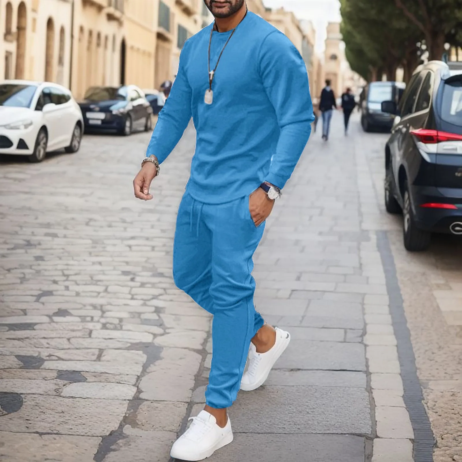 

Male Casual Two Piece Outfits Autumn Solid Color Crew Neck Long Sleeve Pullover Tops And Classic Pant Sets Fashion Tracksuit