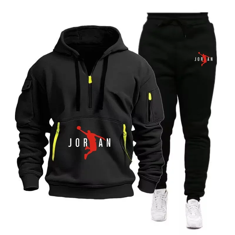 

2025 spring and autumn men's new multi-pocket zipper hoodie + casual sports pants two-piece jogging winter sports suit