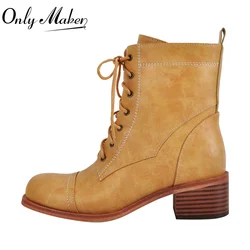 Onlymaker Women Round Toe Lace UP Ankle Boots Gothic Heeled Conciser Winter Combat Boots