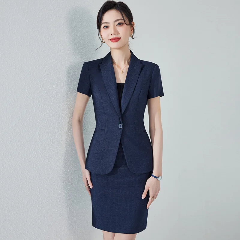 Blue Short-Sleeved Business Suit Suit Women's Thin Summer Formal Wear Jewelry Shop Wine Manager Real Estate Consultant Overalls