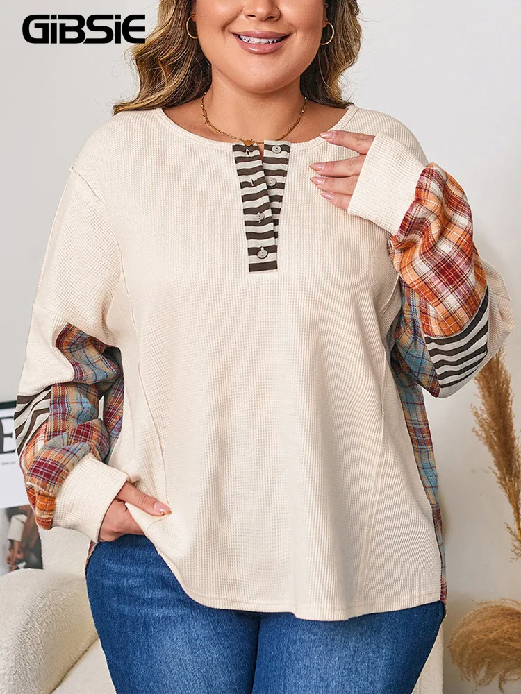 GIBSIE Plus Size Button Front O-Neck Plaid Sweatshirt Women Autumn 2025 New Drop Long Sleeve Loose Casual Pullover Tops