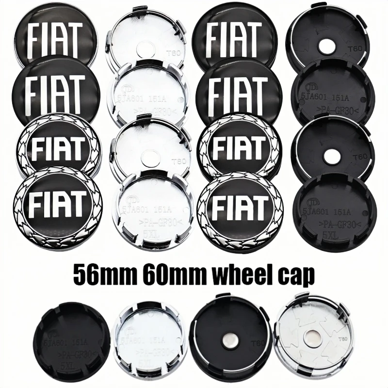 Set of 4 -56mm/60mm Black FIAT Car Wheel Center Hub Caps with Logo, Dust-Proof Auto Rim Refit Badges for FIAT Models