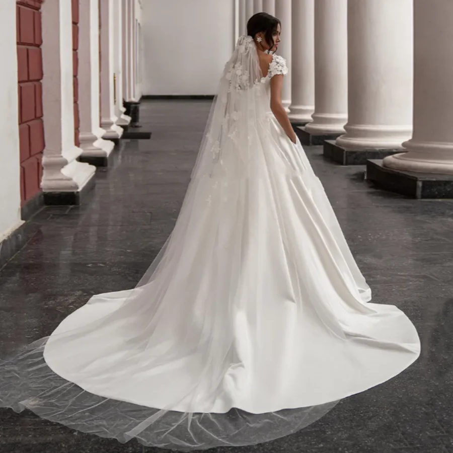 Neck Flowers Court Train A Line Princess Bridal Gowns With Pockets Vestidos  Gorgeous Satin Wedding Dresses Cap Sleeve Scoop