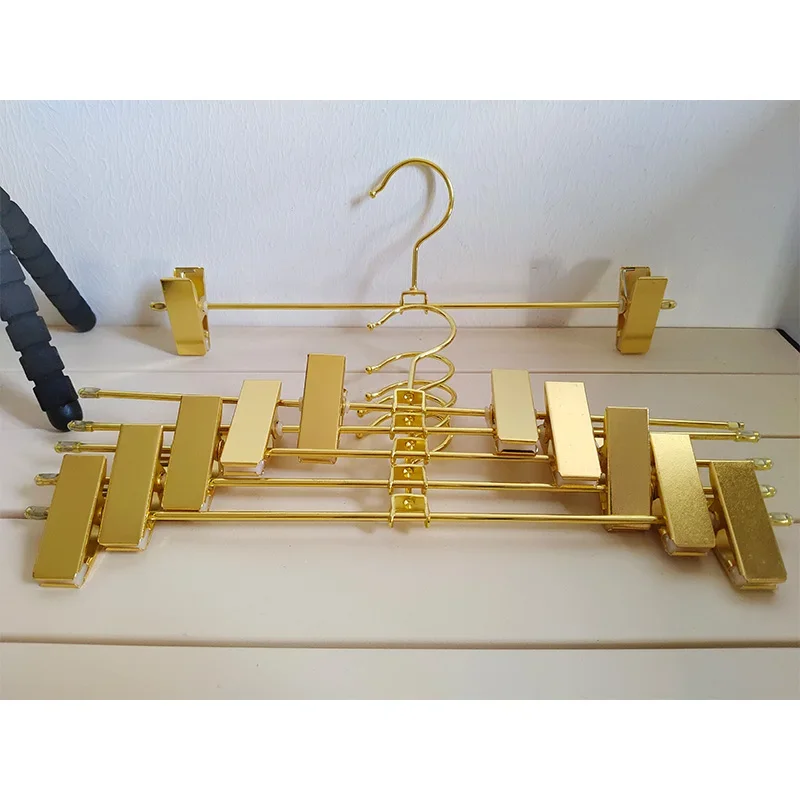 

Wholesale 5pcs Metal Golden Pants Skirt Hangers with Clips Adjustable Clip Trouser Hangers Clip Hangers for Adult Jeans Pants