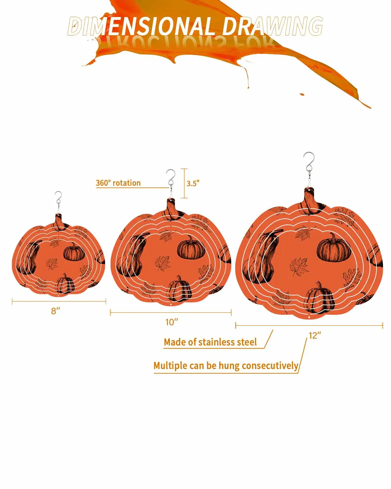 Thanksgiving Autumn Line Draft Pumpkin Balcony Stainless Steel Hanging Decorations For Home 3D Rotating Wind Spinner