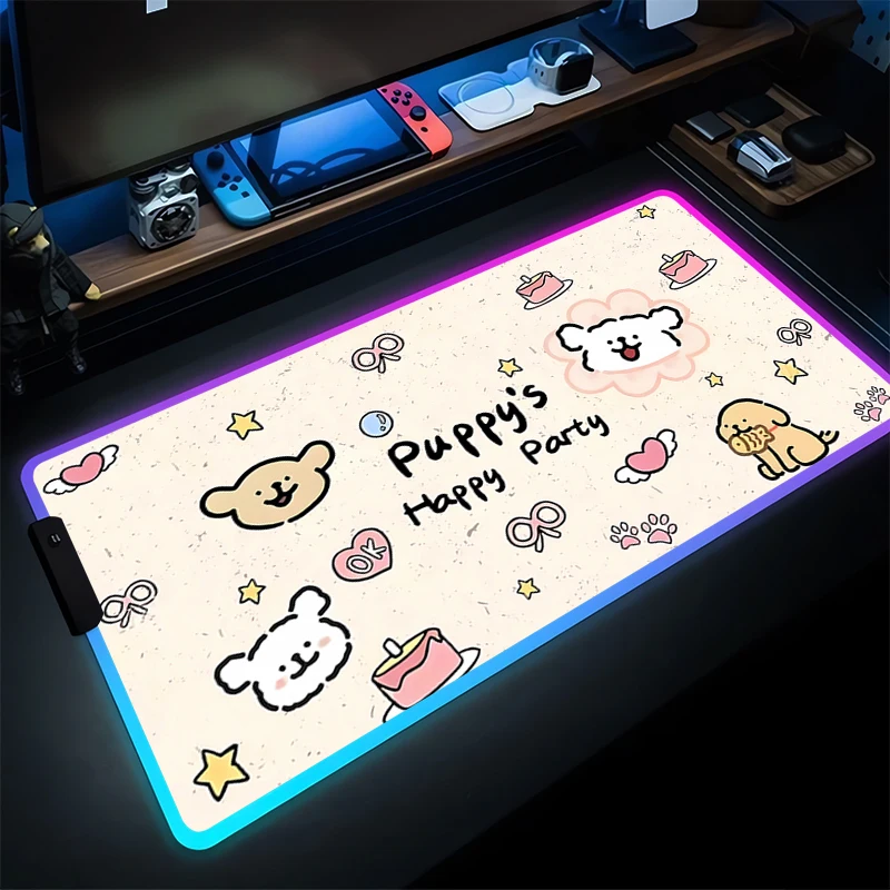 LED Mouse Pad Anime Gaming Accessories Carpet Gamer RGB PC Computer Cute Keyboard Pad Cartoon Line Dog Desk Mat Kawaii Mousepad