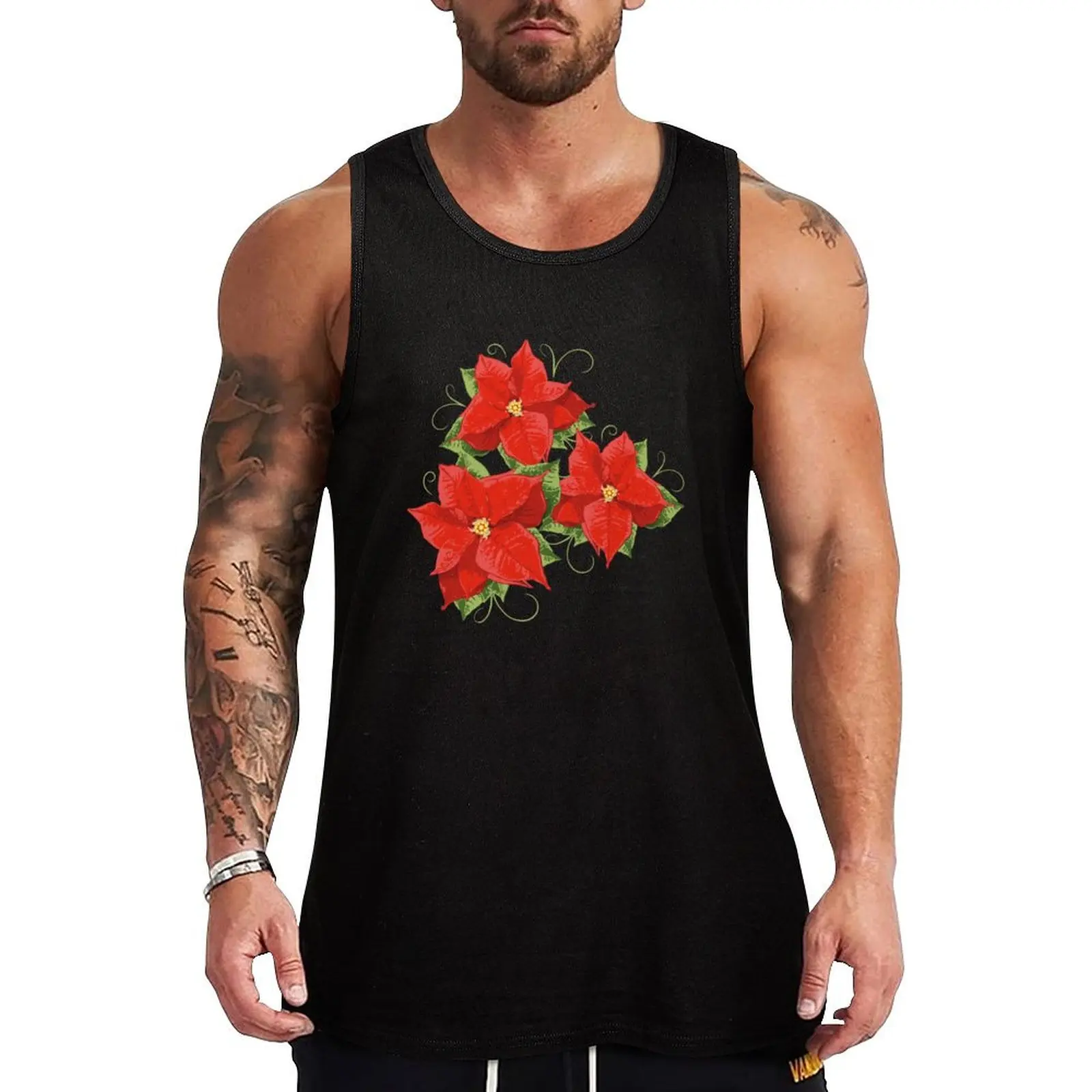 

Poinsettias with leaves. Christmas Flower. Tank Top sleeveless gym t-shirts man Men's gym clothing