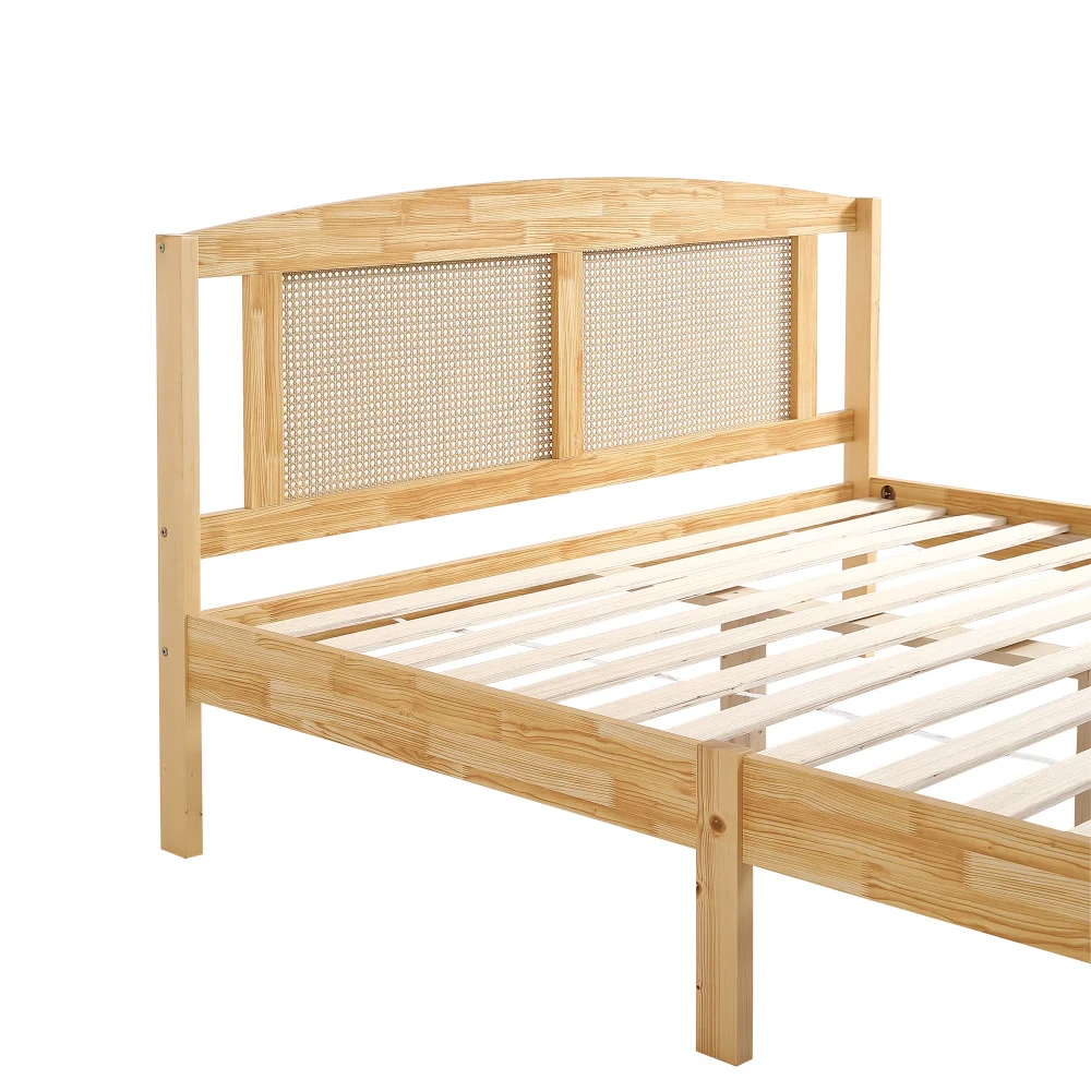PINGGO Naturrattan-Doppelbett 160x200cm Kiefernholz PE-Rattan 15 Latten Mittelstützfüße Rattan-Netzkissen Ohne Matratze – Detail 19