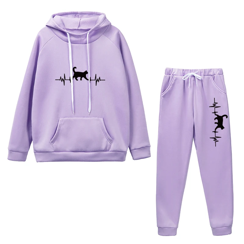 Conjunto de moletom e calças com capuz feminino, fato de treino, casual, estampado, esportivo, correr, roupas, viagem, quente, outfits, outono, inverno