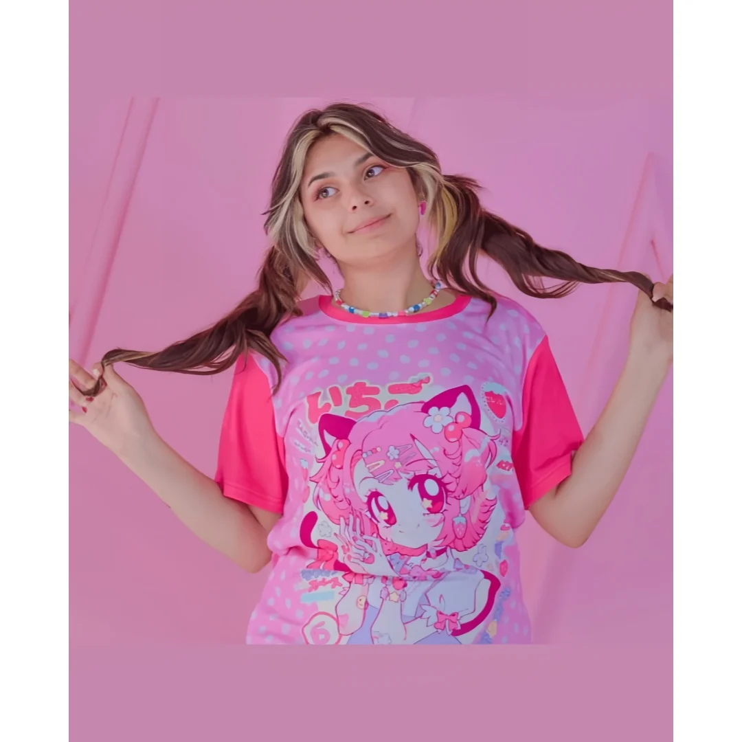 Harajuku Style Sweet Cartoon Girl Print T-shirt Polka Dot Shoulder Short Sleeved Y2K Street Girl Daily Summer Autumn Loose Top