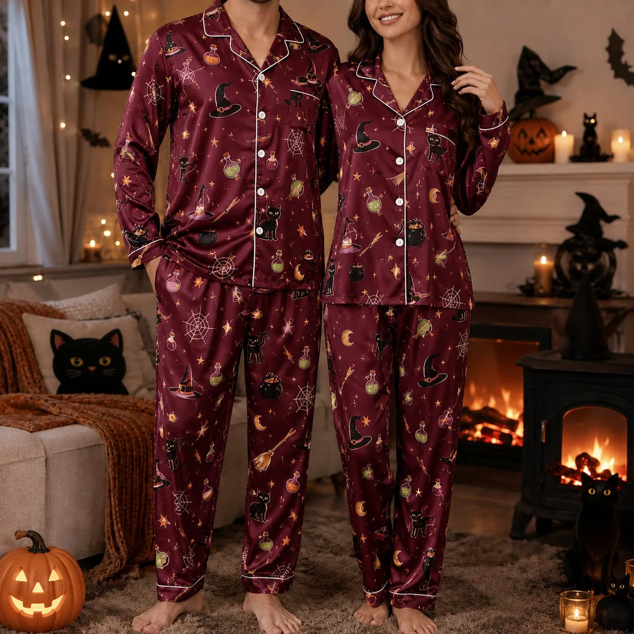 Halloween Witch Cat Potion Set Ice Silk Long Sleeve Long Pants Mens Pajama Set Womens Sleepwear Unisex Loungewear Home Clothing view 3