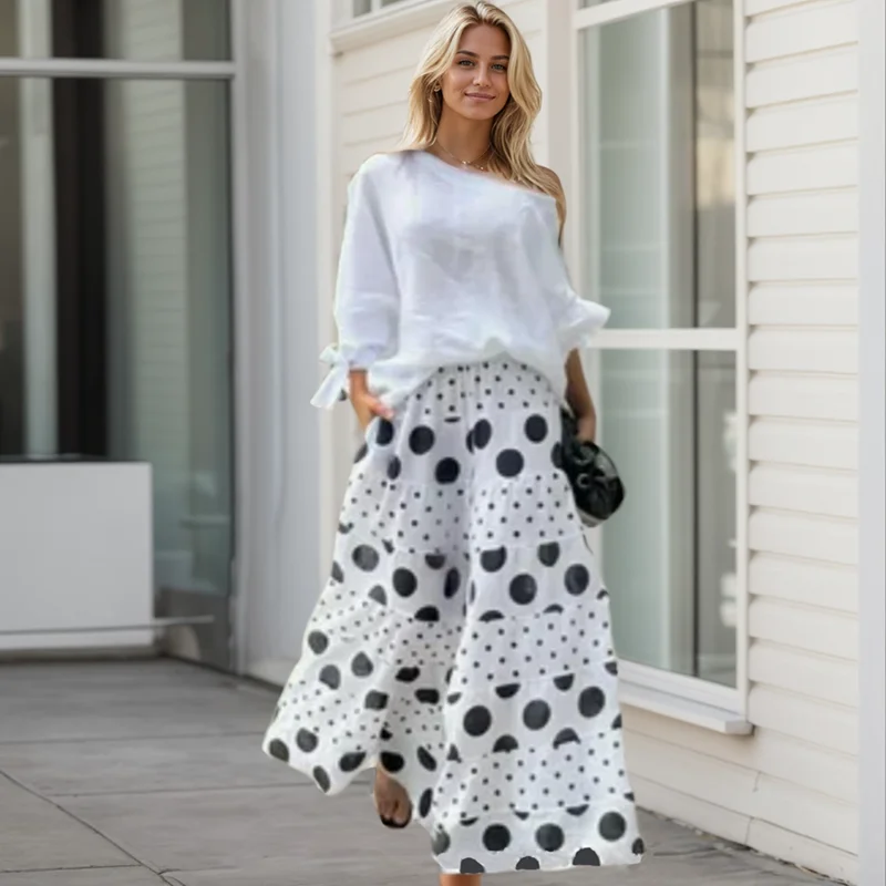 Fashion High Street Outfits Casual Diagonal Neck Hollow Top with Wide Leg Pants Sets Dot Prints Multi-layer Splice Pants Female