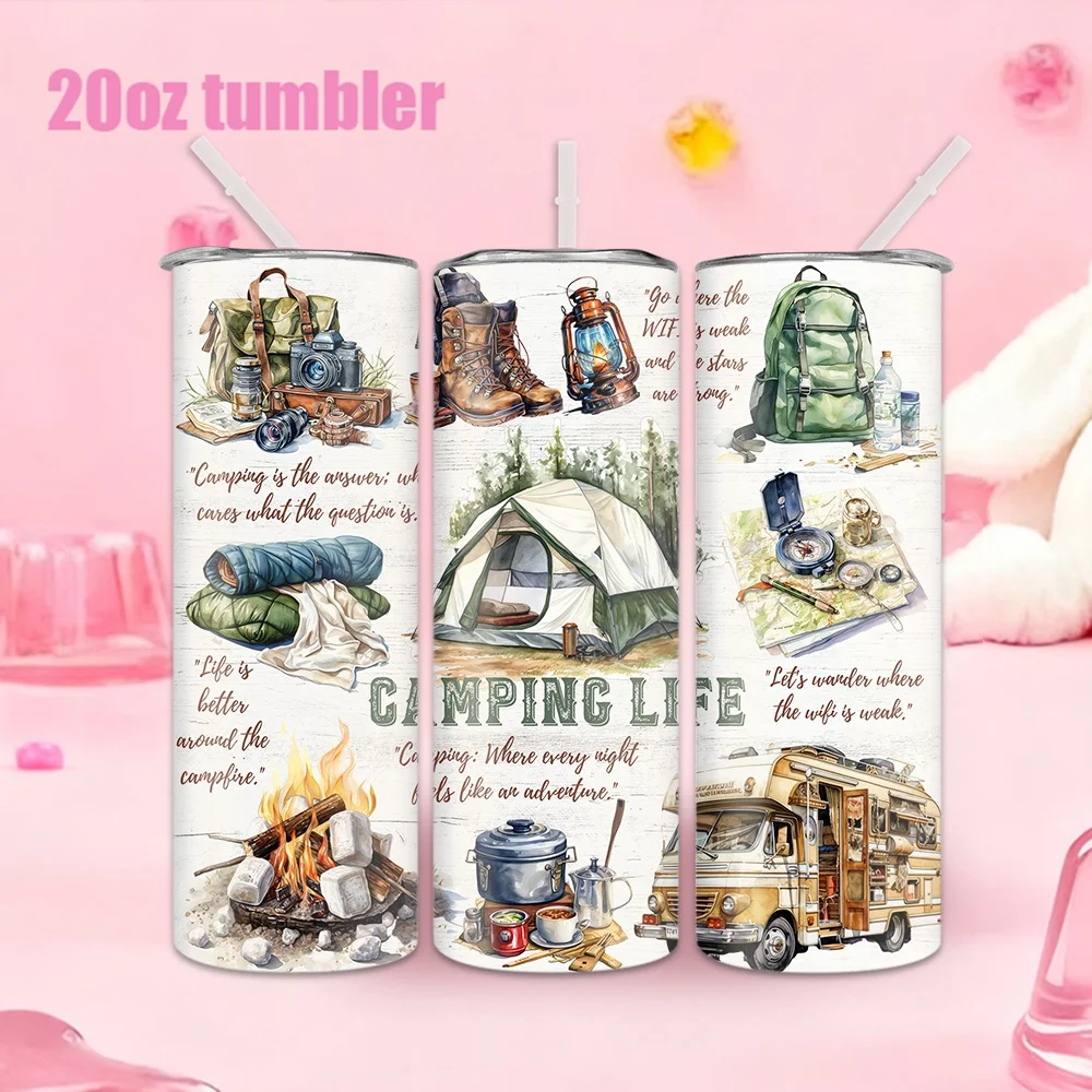 1 Stück 20oz Trinkflasche mit Strohhalm, isolierter Edelstahl-Wasserbecher mit Camping-, Abenteuer- und Naturmotiven.