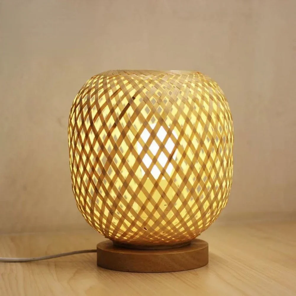 Bamboo Table Lamp Handmade Wooden Bedside Lamp Vintage Living Room Decoration Night Light for Bedroom Camping Light Desk Lamp