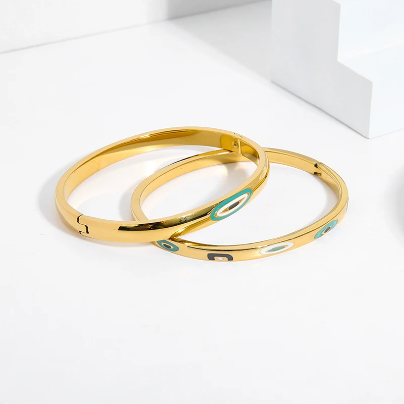 Wodoodporny 60mm emalia Evil Eye stal nierdzewna Metal PVD 18K pozłacane bransoletka dla kobiet modna biżuteria na prezent — zdjęcie 6