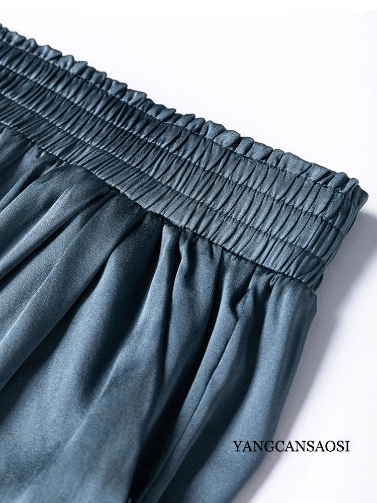 2025 Women's Casual Summer New 93% Natural Mulberry Silk Elastic Satin Grey Blue Elastic Waist Double Pocket Haren Pants