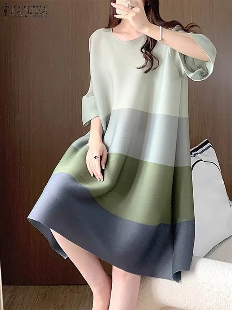 ZANZEA Women Fashion Knee Dresses Casual Color Patchwork Sundress Holiday Summer Round Neck Robe 2024 Vintage 3/4 Sleeve Dress