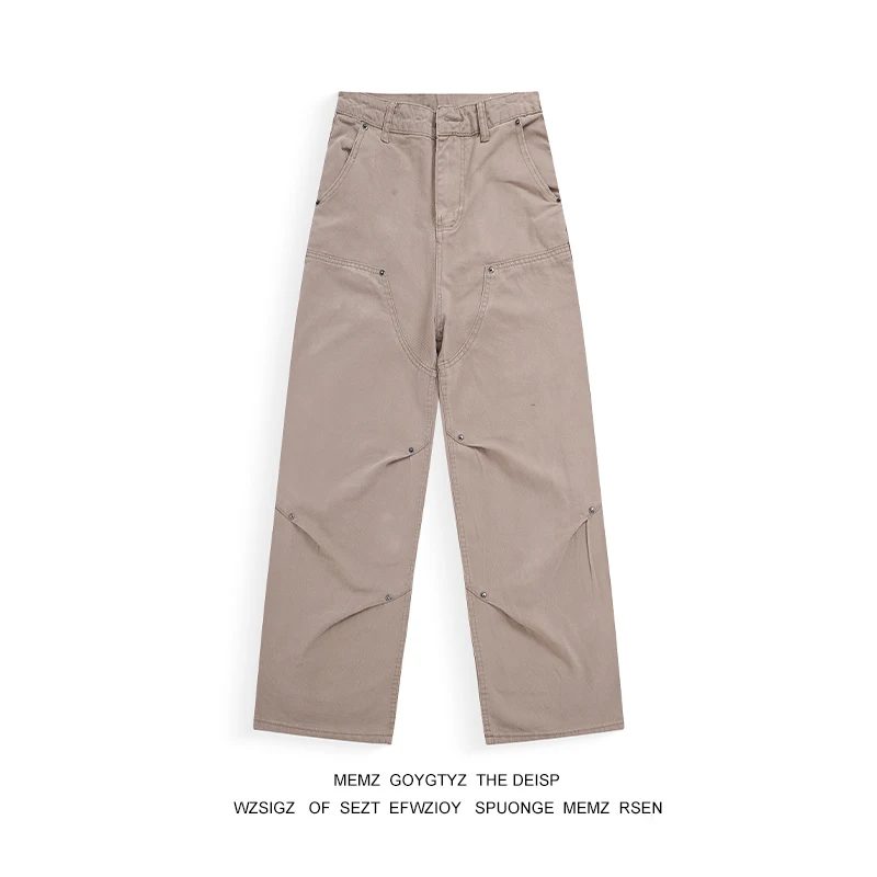 

Мужские джинсы Memz в американском стиле с заклепками, зимние, винтажные, рабочие, модные, универсальные, широкие, длинные брюки