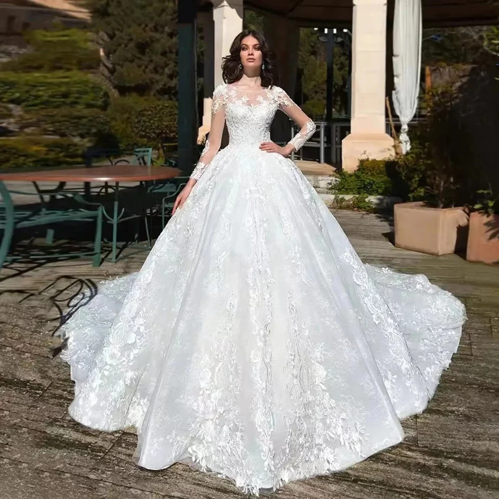 

Luxury A Line Bridal Gowns 2024 O-neck Long Sleeve Lace Applique Wedding Dress Custom Made High Quality Princess Bride Dresses