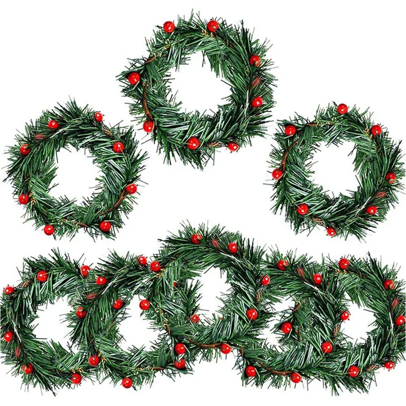 8 PCS Holly Berry Candle Ring Small Artificial Red Berries Pine Needles Wreath For Christmas Garland Ornaments Decor