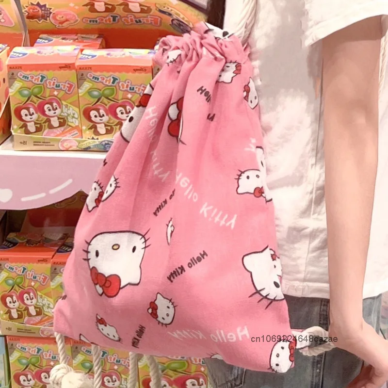 Sanrio Hello Kitty Trend Cute Drawstring Backpack Female Korean Style Convenient Casual Shoulders Bag Large Capacity Storage Bag