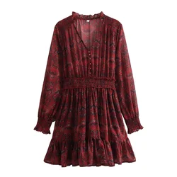 2024ZAR * Spring/Summer New Product Hot Selling Women's Retro V-neck Long Sleeve Printed Short Dress