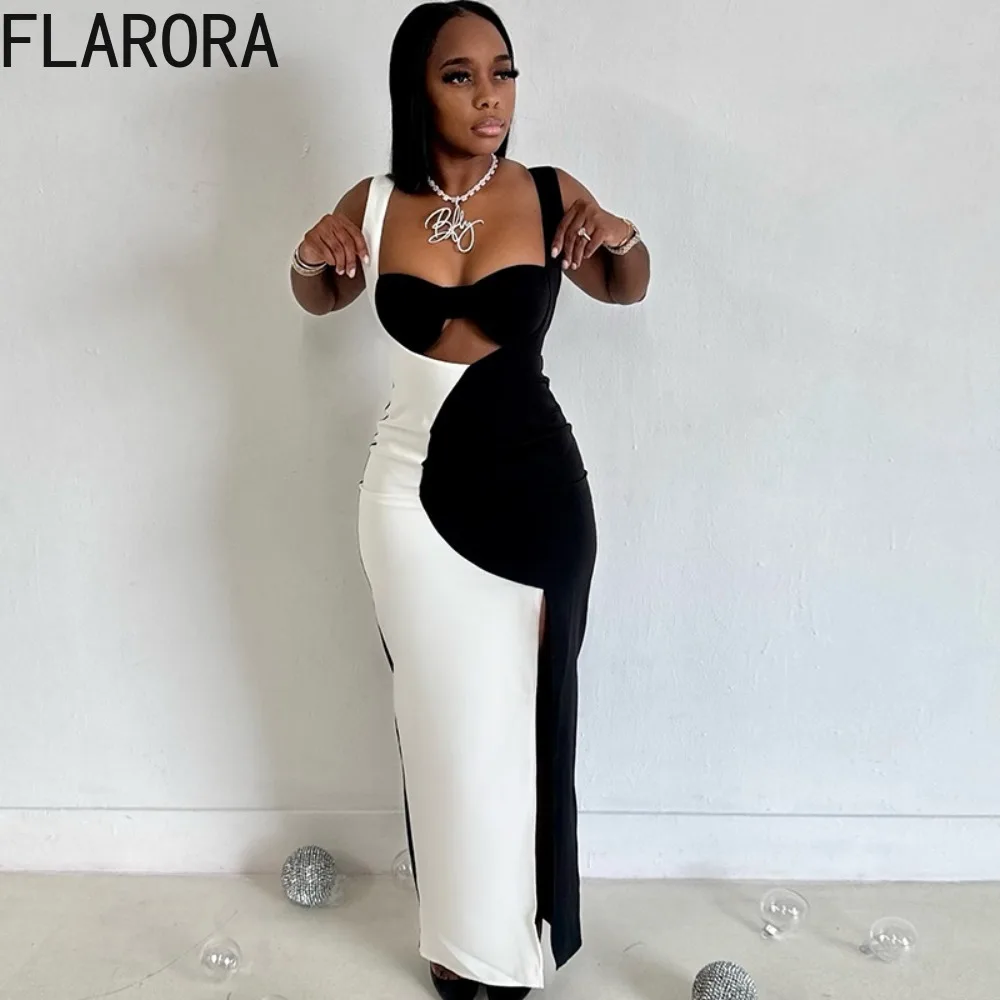 

FLARORA Elegant Black White Patchwork Dress Woman Straps Sleeveless Hollow Out Backless Long Maxi Dress Party Bodycon Vestidos