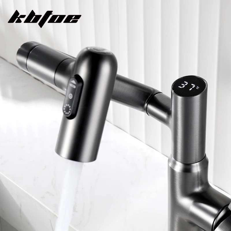 Gray Bathroom Basin Faucet Digital Display 360 Rotation Multi-function Stream Sprayer Hot Cold Water Sink Mixer Tap Deck Mounted