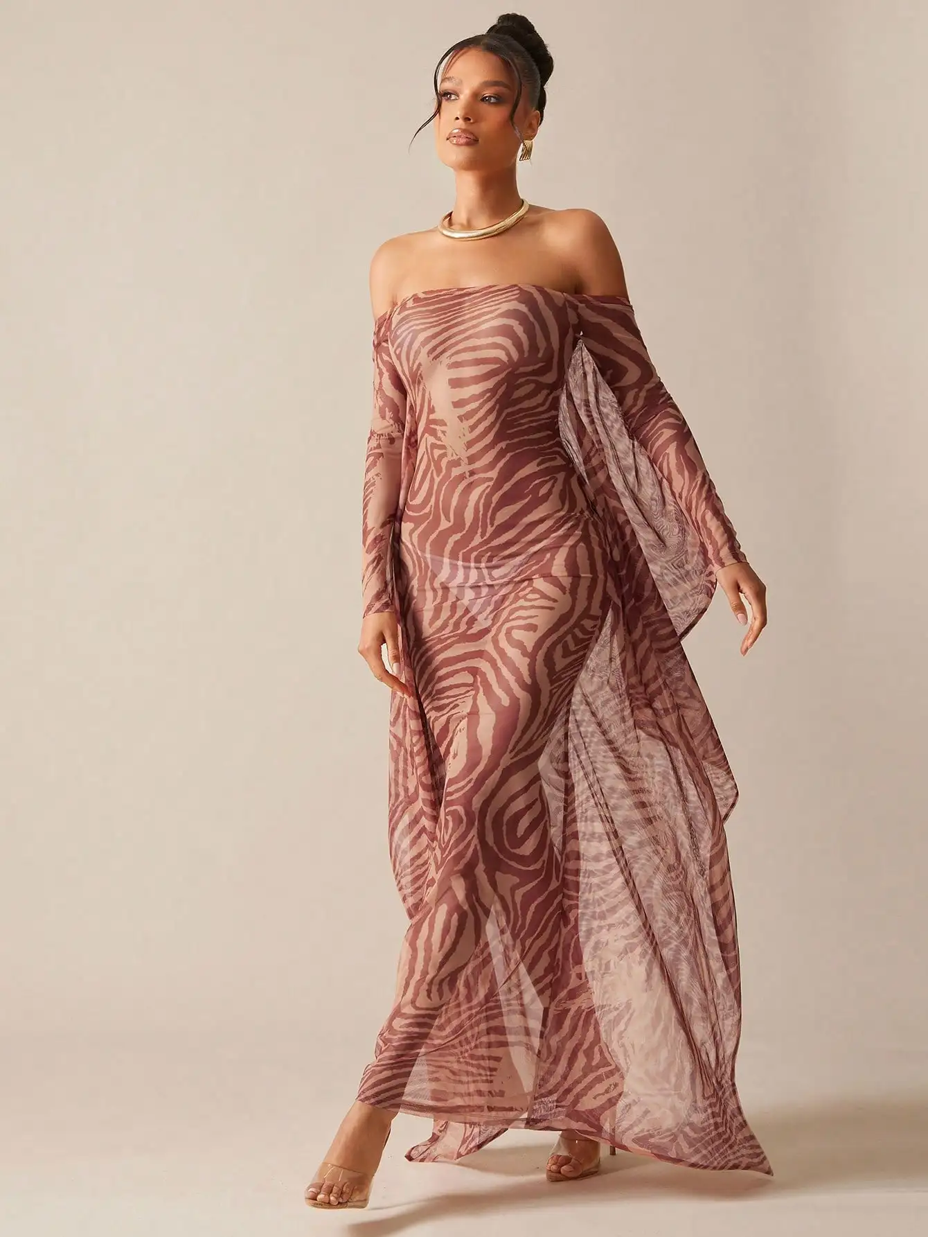 

Off Shoulder Sheer Zebra Print Maxi Dress with Flared Sleeves for Summer Vacation