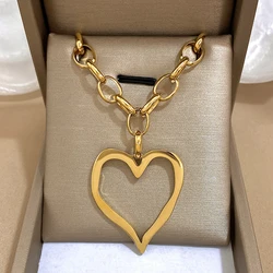 Women's Trendy Stainless Steel Big Heart Pendant Necklace Irregular Hollow Design Golden Metal Thick Chain Jewelry Accessory