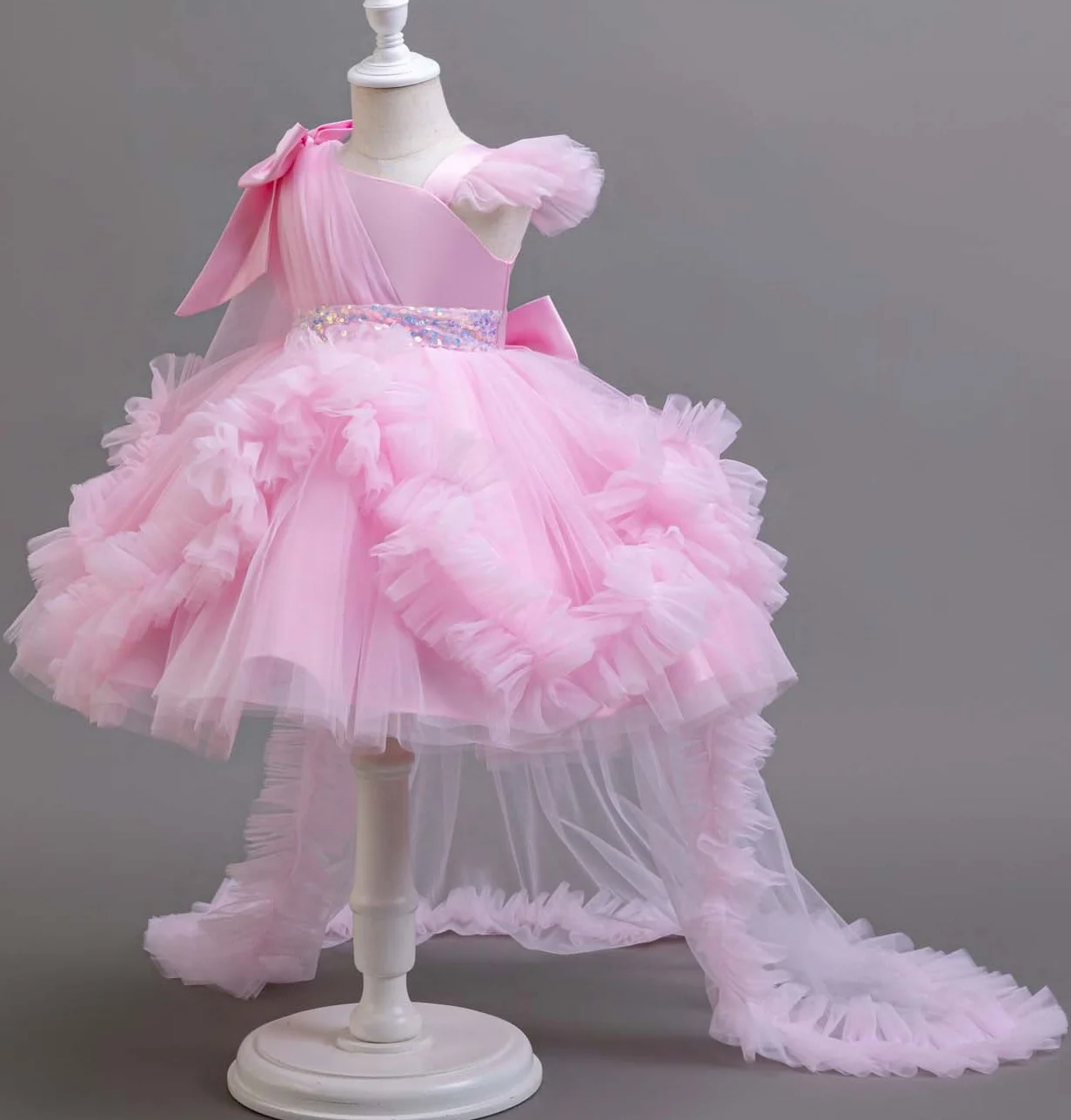 KLFLGD Neue Sommer Mädchen Partykleider Blumenmädchen Hochzeit Elegantes Festkleid 2-6 Jahre Altes Mädchen Rosa Tüll Schleppkleid – Detail 5
