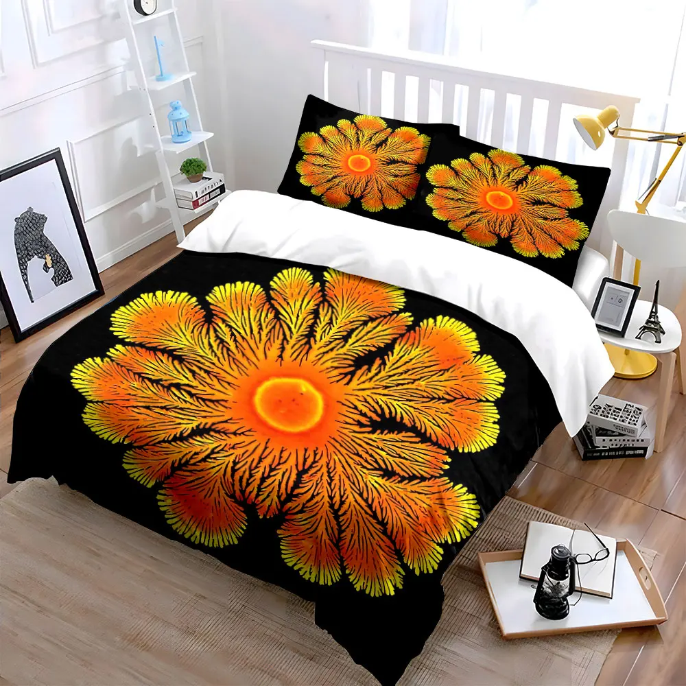3Pcs Orange Fractal Fern Flower Duvet Cover Set, Abstract Botanical Art Bedding with 1 Duvet Cover 2 Pillowcases Single Double