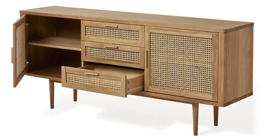 classic style living room furniture MDF natural rattan TV cabinet wood TV stand with solid wood legs