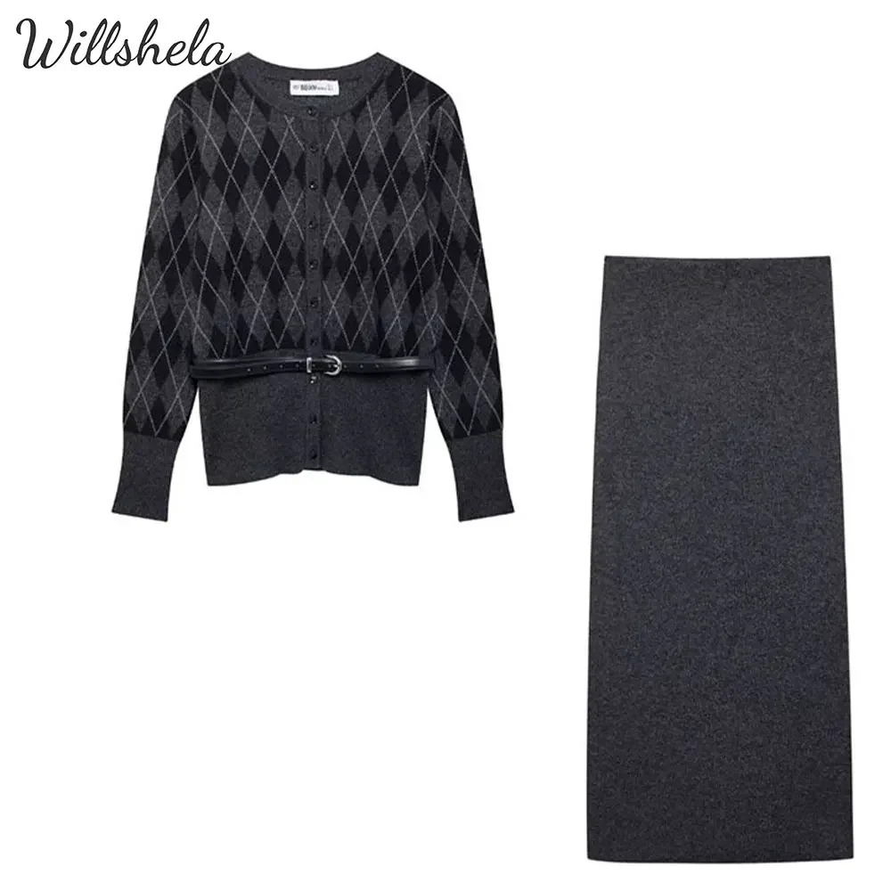 

Willshela Women Fashion 2 Pieces Sets Grey Sweater with Waist Belt and Midi Skirt Female Chic Mujer Tops and Skirt Coordinates