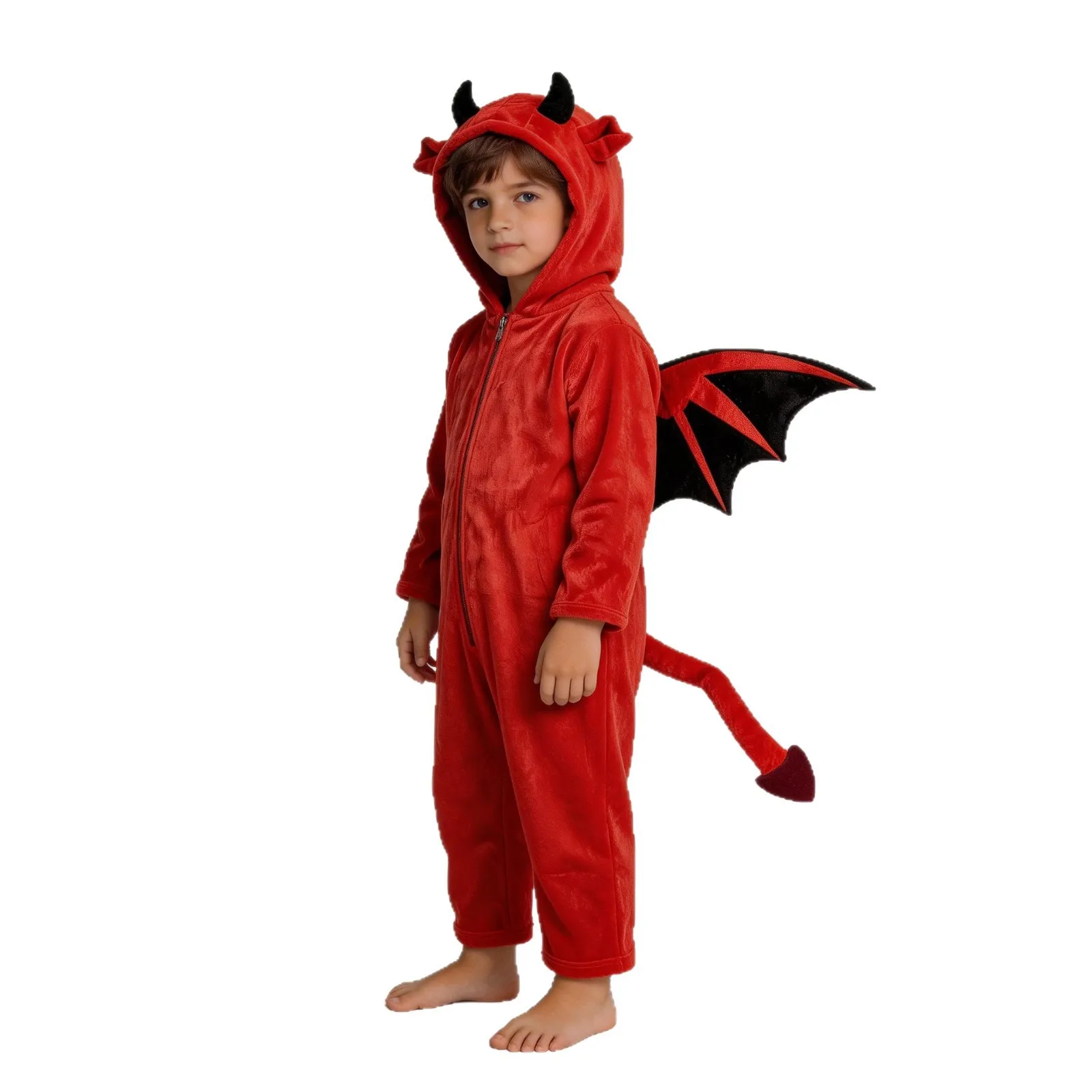 Kids Red Devil Onesie Costume with Horns Wings Tail Boys Halloween Cosplay Outfit Pajamas Children Monster Jumpsuit view 5