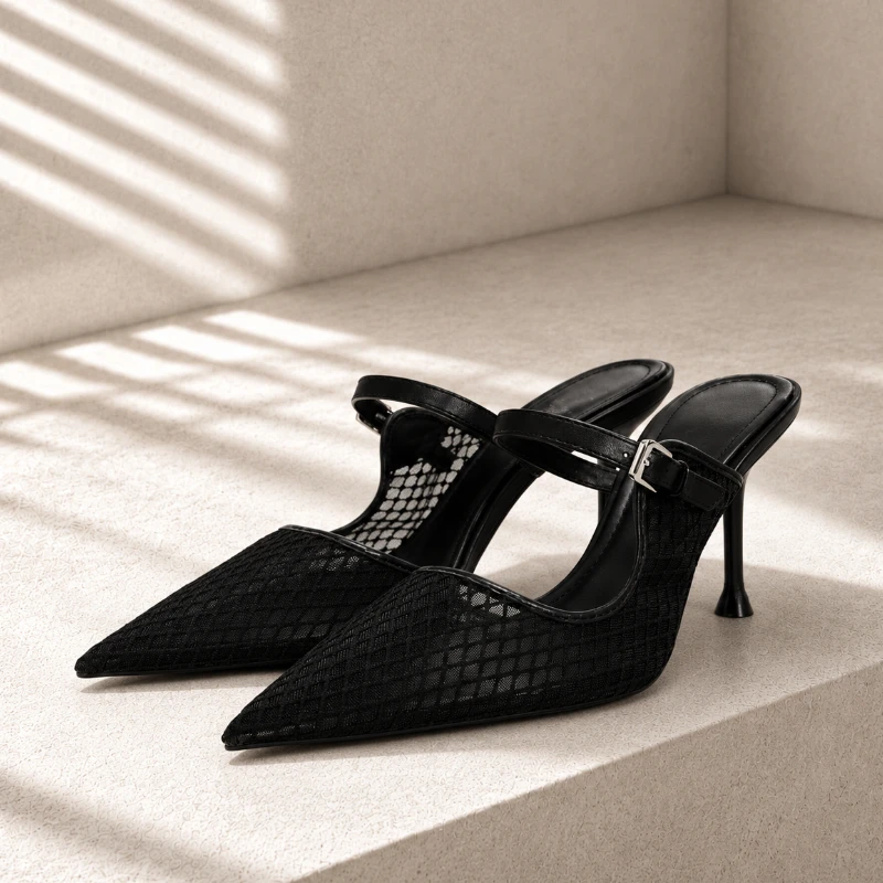 Damen Schwarze Spitze Stiletto-Mules Atmungsaktives Mesh Schnallenverschluss Slingback High Heels Elegante Büro- und Party-Kleiderschuhe – Detail 2