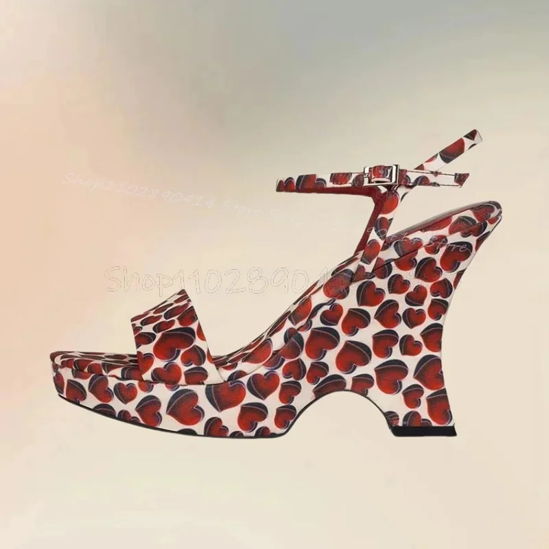

Heart Print Strange Style Heels Sandals Ankle Buckle Strap Women Shoes Open Toe Fashion Party Banquet 2025 Zapatos Para Mujere