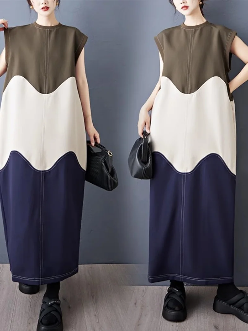 Cocoon diseño de temperamento de moda francés Retro empalme Irregular colores contrastantes vestido Casual sin mangas para mujer w282
