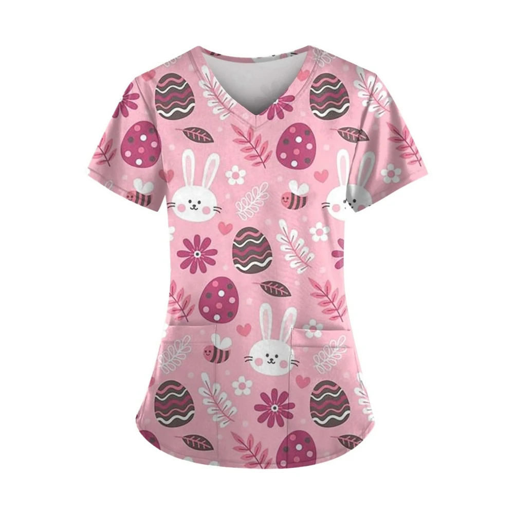 Medical Nursing Uniform Women’s Stretch Ombre Print V-Neck Short Sleeve Tops Pocket Medical Clothing for Women Hospital Uniform