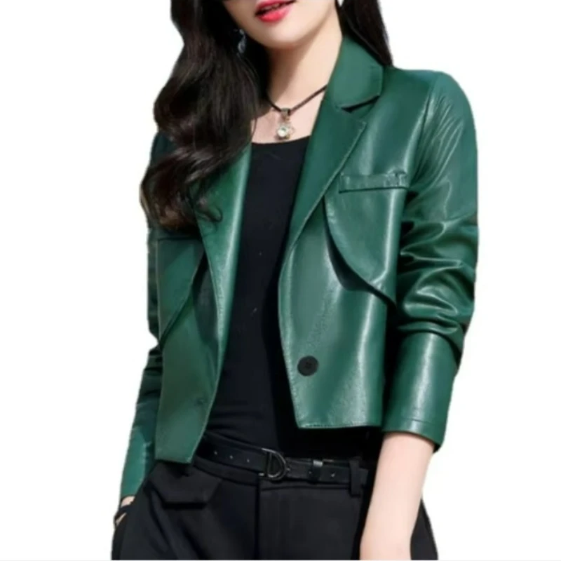 

Women's Slim Fit Short Leather Jacket, Female Fashion, Monochromatic, Casual, Versatile Sheepkin Leather Outwear, Temperament