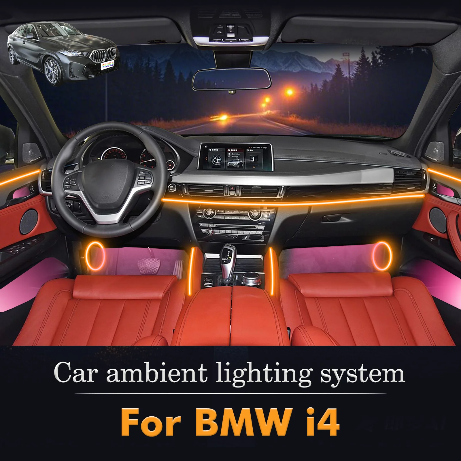 

For BMW X6 Car Interior Ambient Lamp Kit RGB 64-Color LED Smart Remote Control Energy Saving Efficient Lights