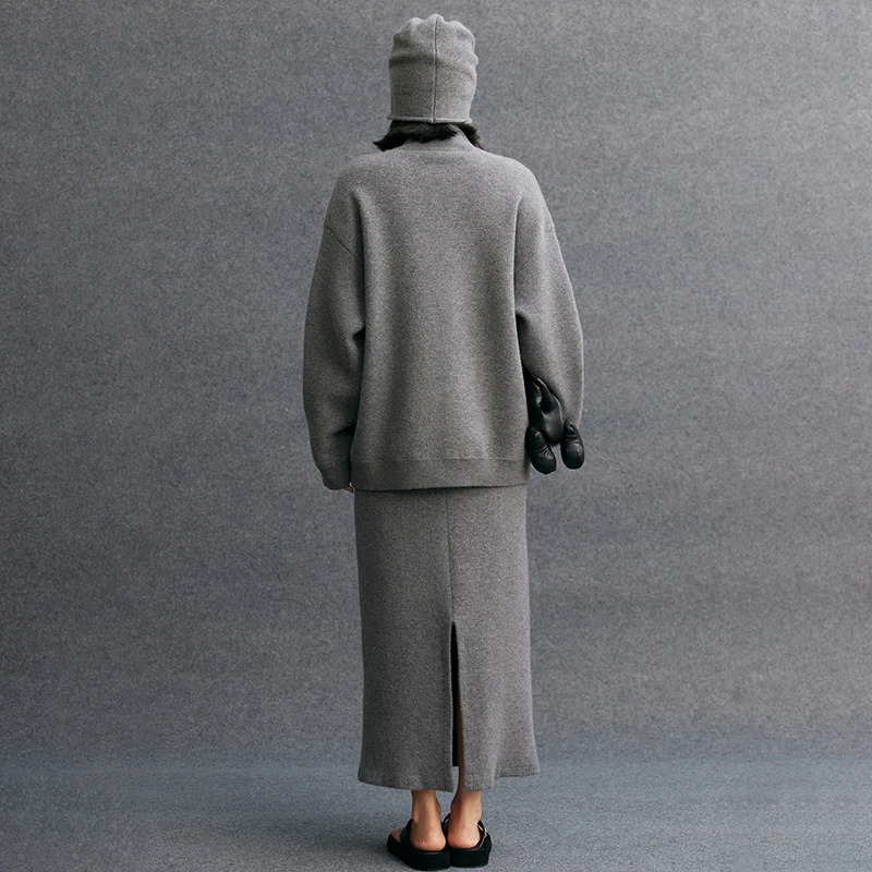 Women's Set 100% Cashmere Air Layer Zipper Hooded Cardigan Jacket Pocket Casual Back Slit Skirt Two-Piece Set Women's Clothing