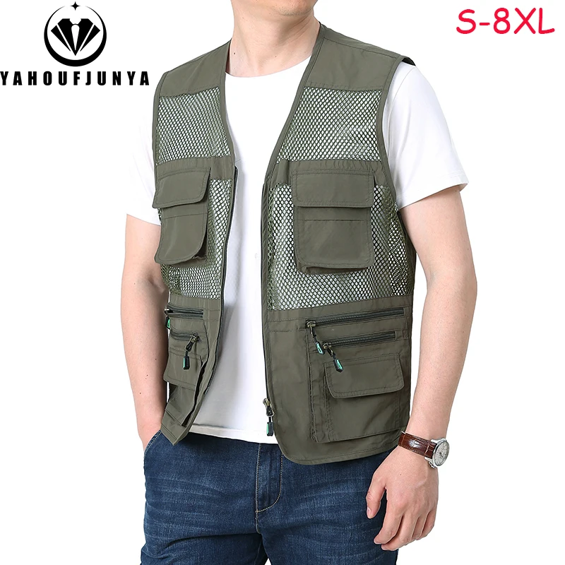 Men Sleeveless Outdoors Camping Fishing Many Pocket Gear Vest Jacket Men Zipper Webbed Leisure Fashion Vest Male Plus Size 8XL