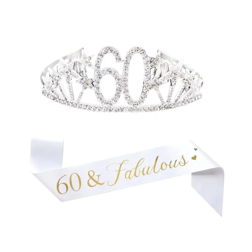 Regalos de Tiara y Banda para el 60.º Cumpleaños, Corona de Princesa con Cristales de Imitación, Recuerdos para Fiesta de Cumpleaños de Reina, Coronas Plateadas