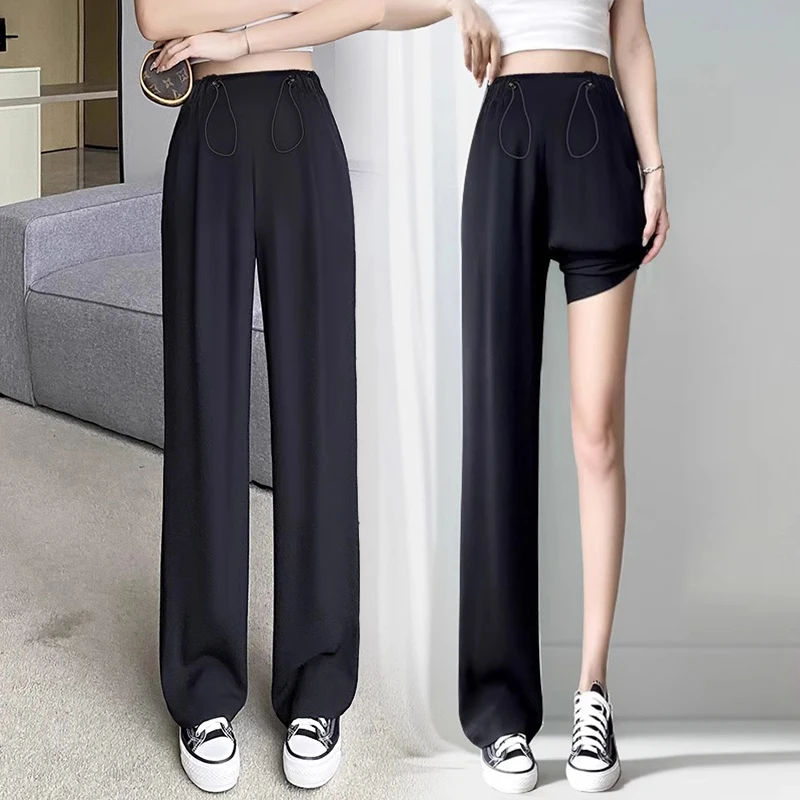 

M-4xl Tall Maternity Summer Trousers Thin Cool Pregnant Woman Drawstring Waist Straight Pants Black Pregnancy Long Trousers