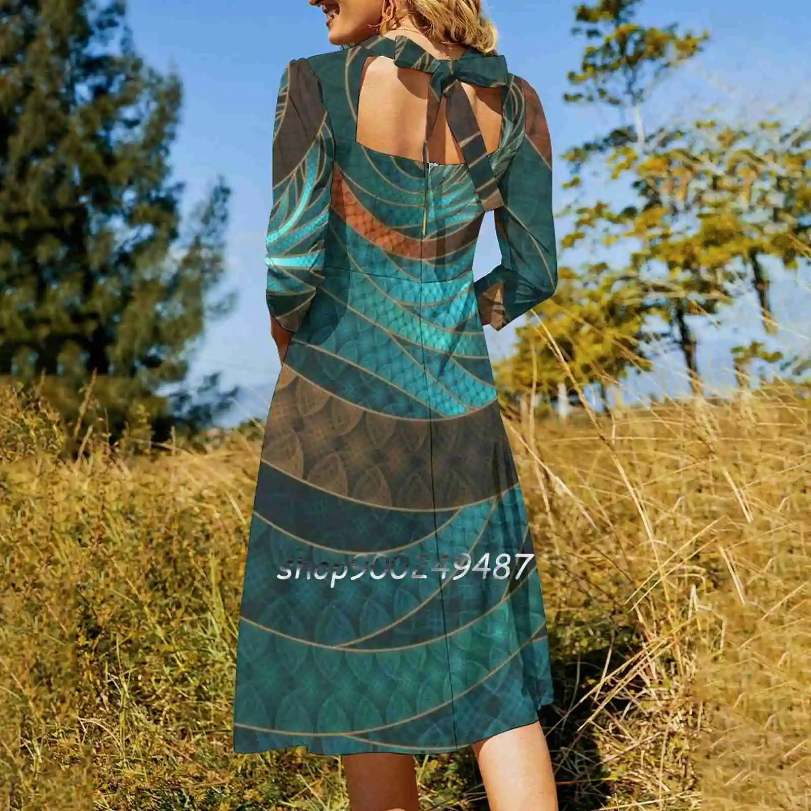 Beautiful Corded Leather Turquoise Fractal Bangles Square Neck Dress New Plus Size Elegant Women Waist Tight Dress Beautiful