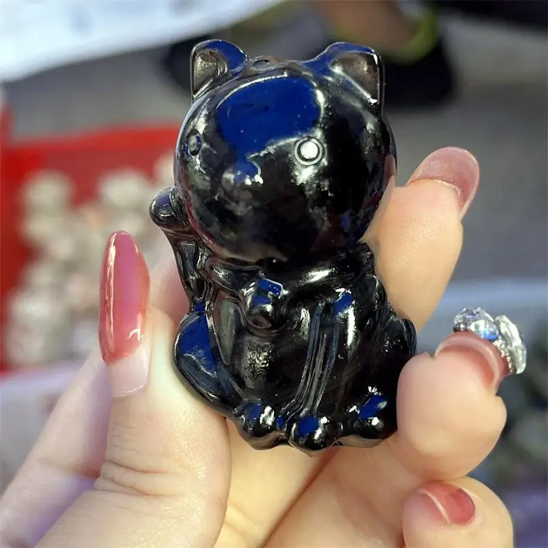 

Natural Black Obsidian Fortune Cat Carving Gemstone Room Decoration Healing Crystal Figurine Reiki Carved Stones Gift 1PCS